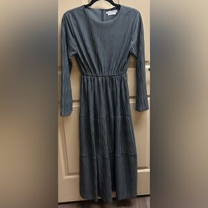 Randeboo Korean Brand Chic Long Sleeve Gray-Green Ripple Effect Dress